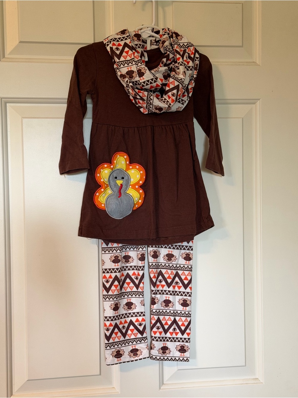 Girls Brown Turkey Appliqué Matching Set with Printed Scarf & Leggings